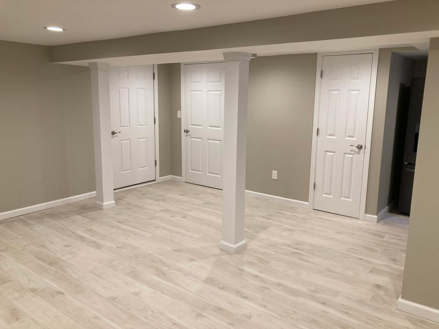 Finished basement with LVP flooring and white doors